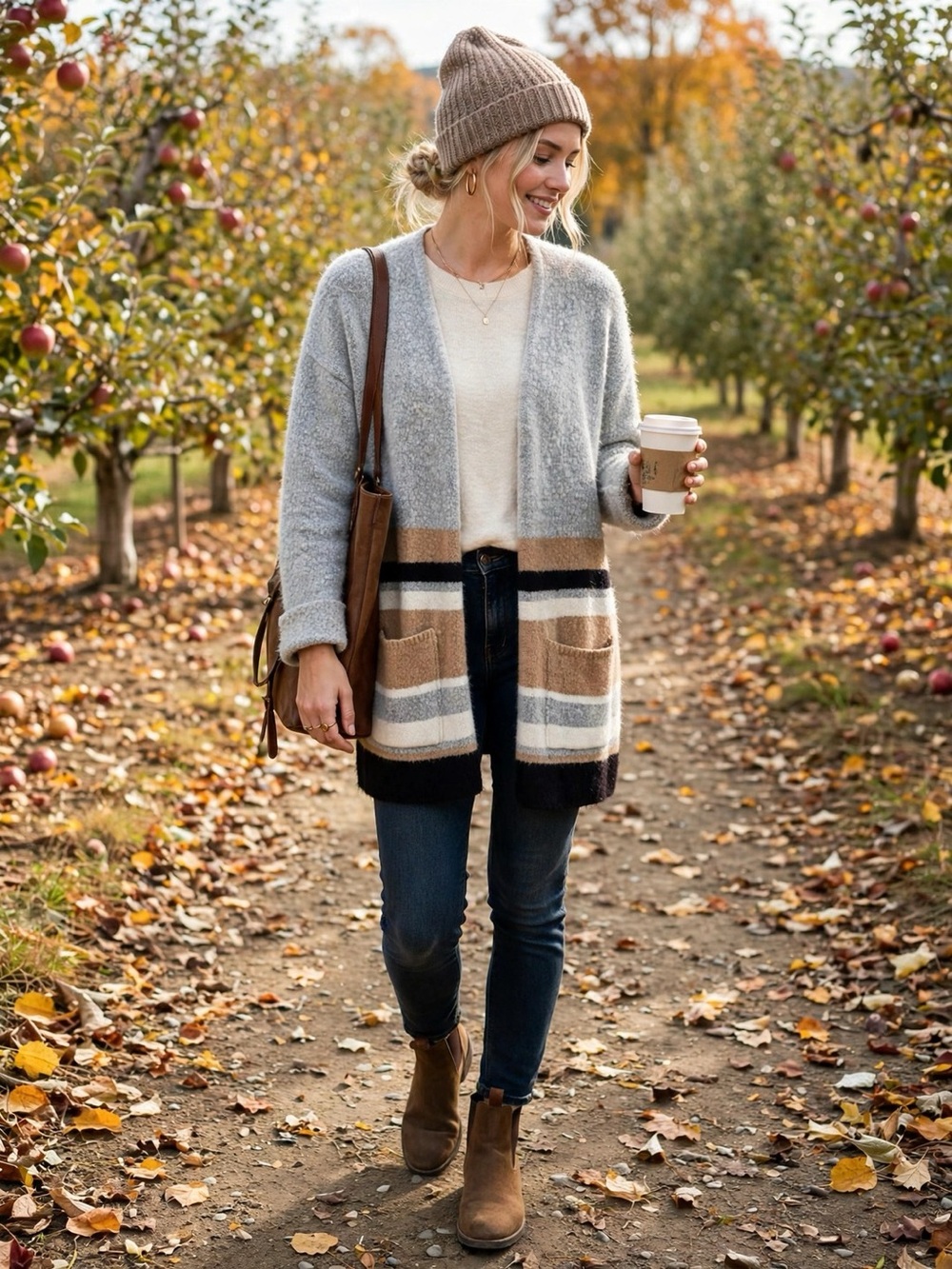 Revamped Heather Gray Fuzzy Open-Front Cardigan Tan Stripes Pockets | Size M